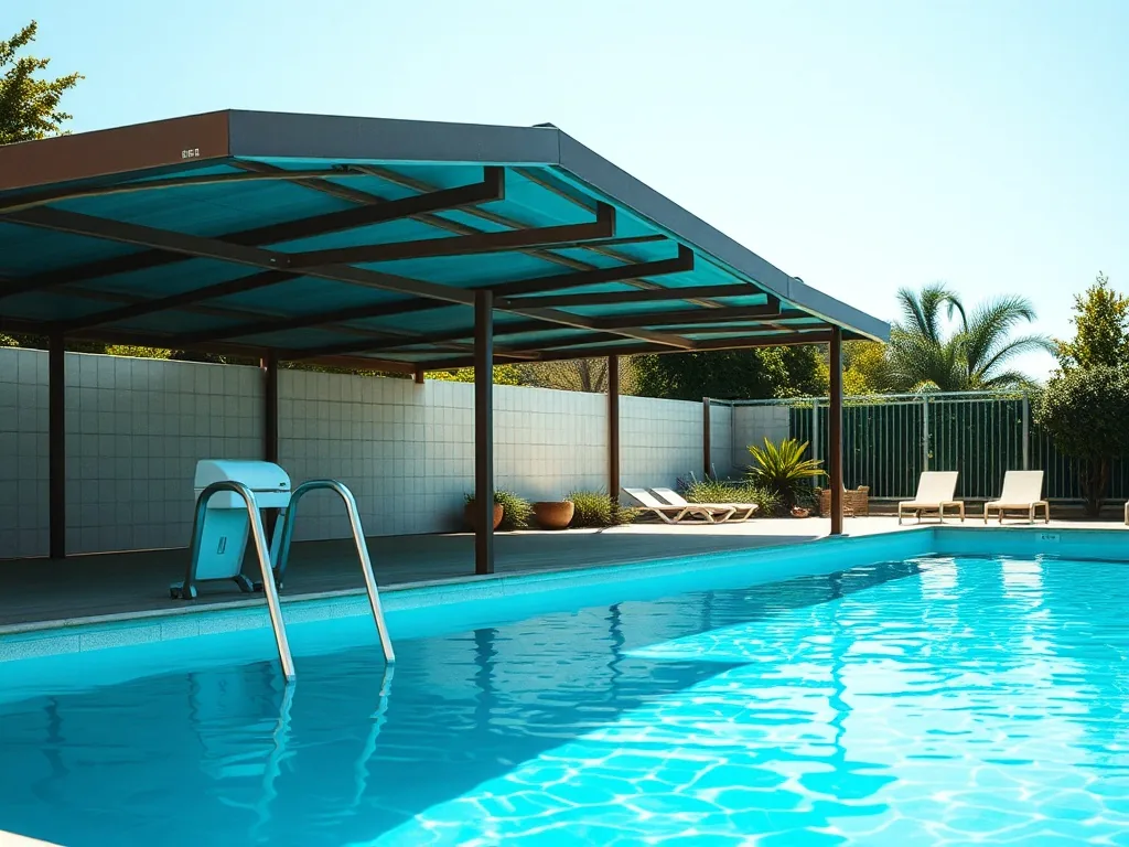 Abri de piscine télescopique bas en aluminium et polycarbonate, fermé sur un bassin rectangulaire, dans un jardin ensoleillé
