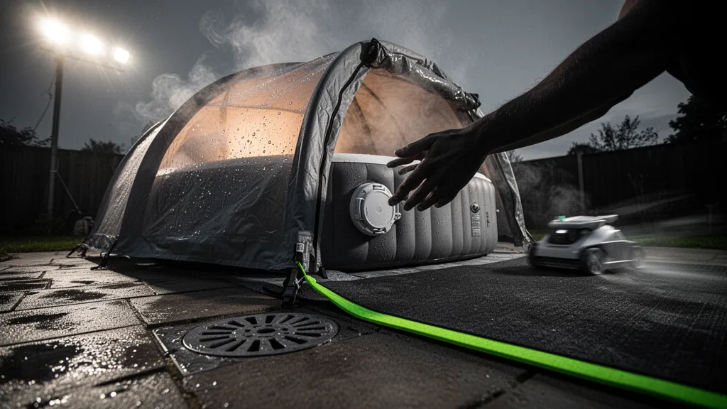 Abri gonflable installé au-dessus d'un spa extérieur sur une terrasse, lumière douce