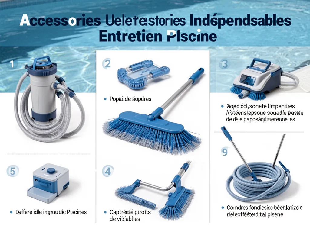 Équipement d'entretien de piscine disposé au bord d'un bassin, épuisette, testeur pH, brosse et produits de traitement
