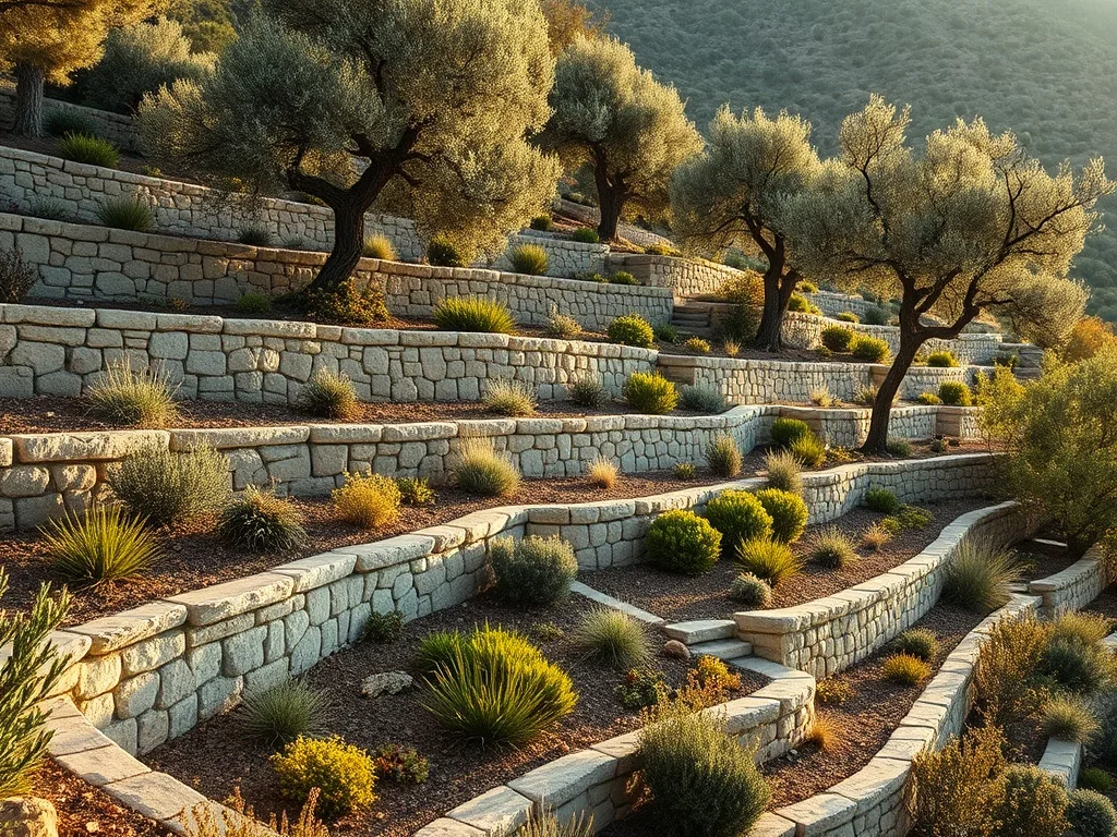 Jardin aménagé en terrasses sur plusieurs niveaux, avec murets en pierre sèche et plantations méditerranéennes, vu du haut