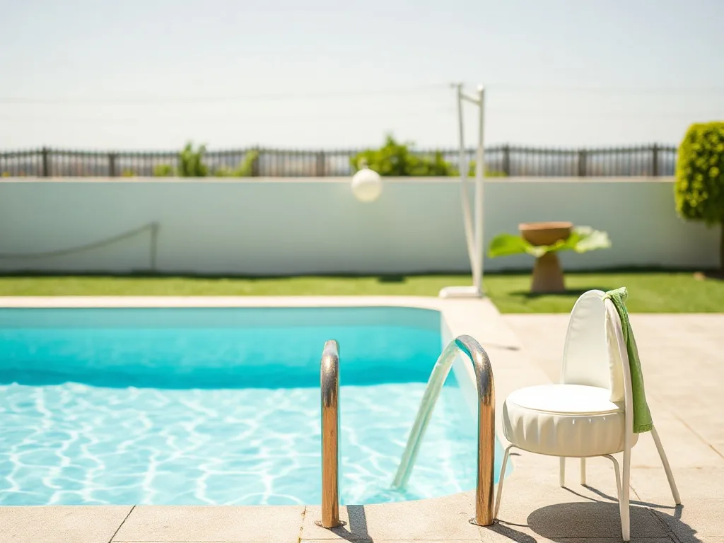 Abri de piscine haut en aluminium et polycarbonate ouvert à moitié, bassin calme, terrasse en bois, ciel d'été