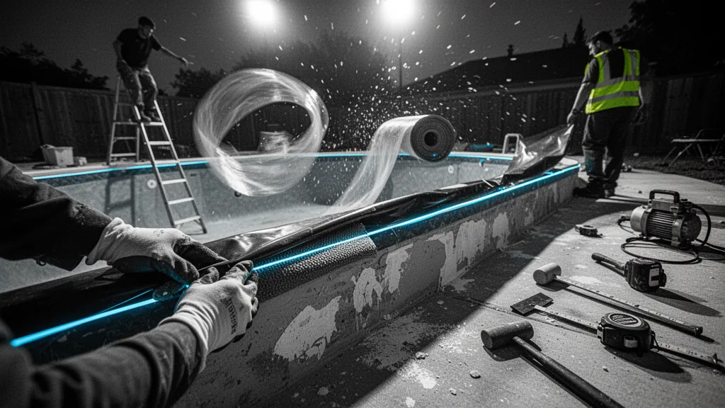 Vue d'une piscine en cours de rénovation, un nouvel liner posé à plat avant serrage final