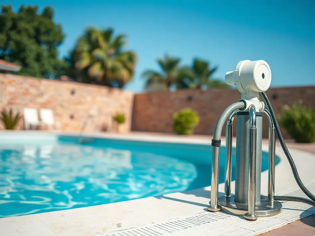 Pompe à chaleur de piscine installée à côté d'un bassin, ensoleillement matinal