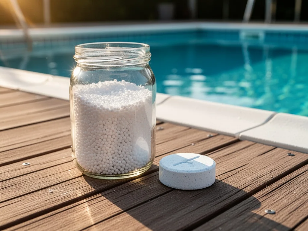 A glass jar filled with white stabilizer granules beside a single chlorine tablet on a wooden pool deck, warm afternoon