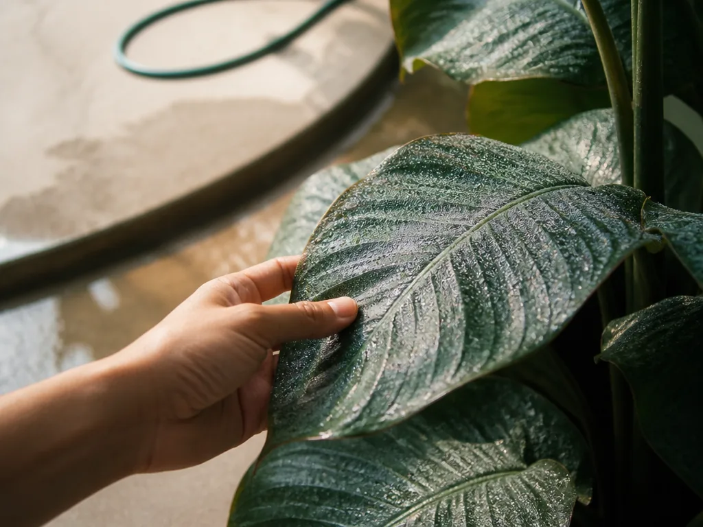 Photorealistic editorial photograph of a close-up on a sprayed leaf surface with fine dried droplets, a hand in the fore