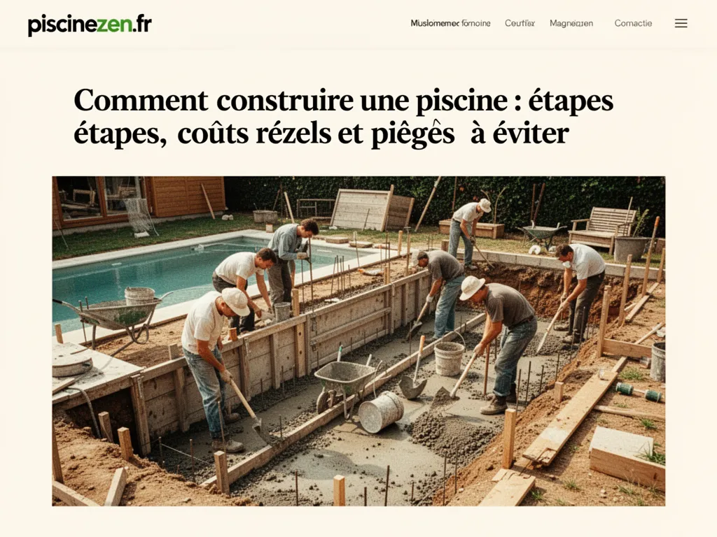 Chantier de construction d'une piscine creusée avec coffrage béton et ferraillage visible dans un jardin résidentiel