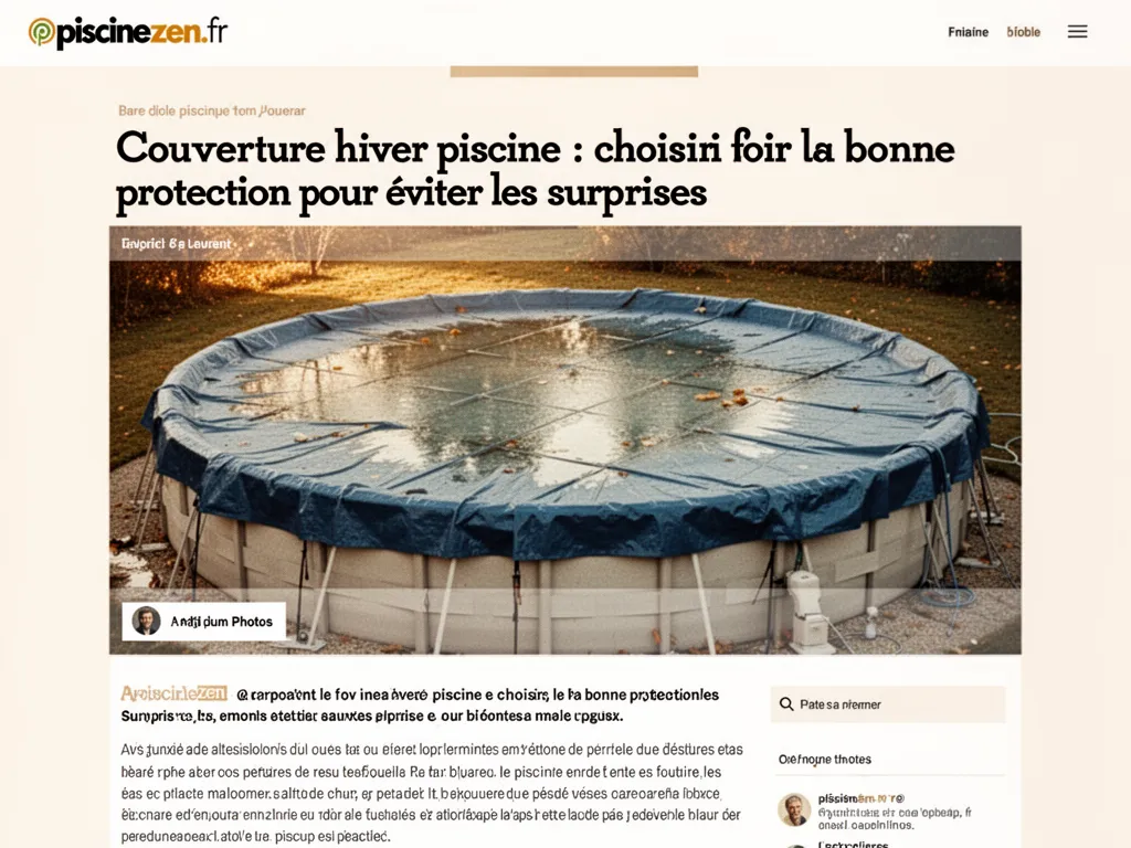 Piscine hors-sol couverte d'une bâche hivernale tendue, entourée d'un jardin en automne