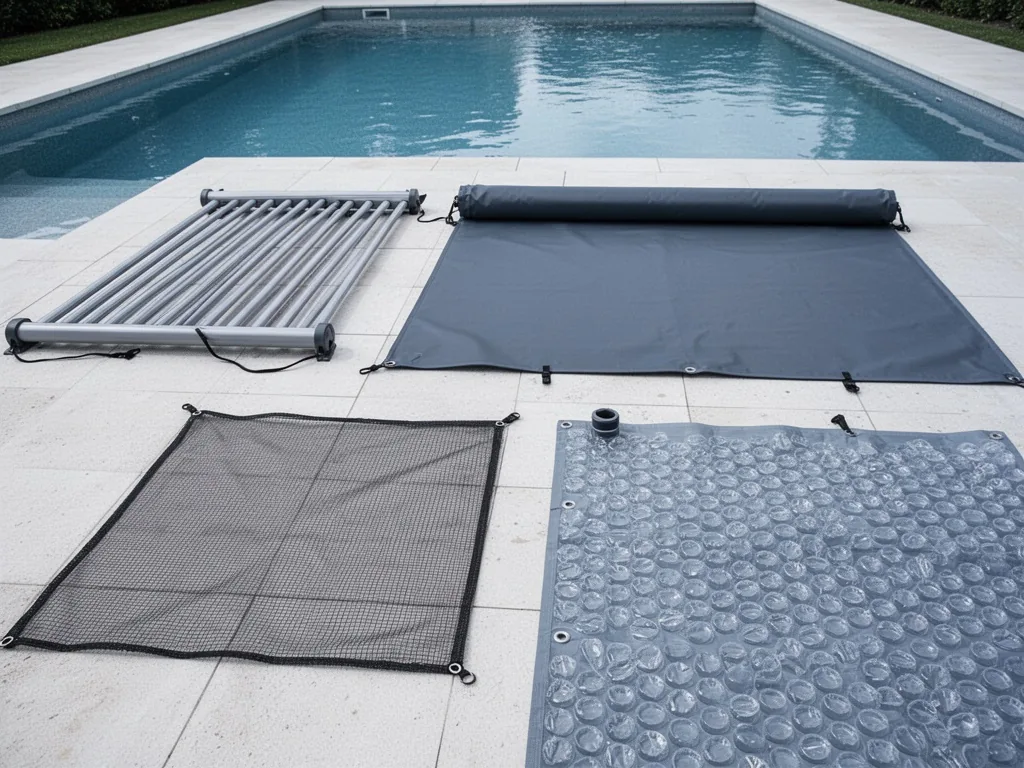 Four distinct pool cover types laid flat on a sunlit patio: a rigid bar cover, an opaque solid cover, a fine mesh net, a