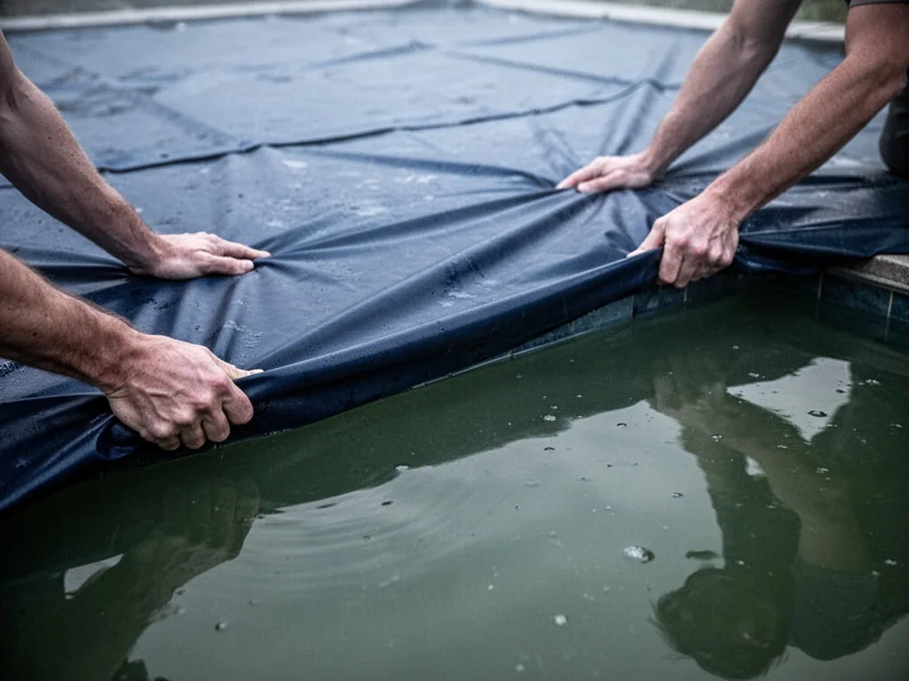 A person's hands gripping the edge of a dark blue pool cover, spreading it evenly over murky green water, morning light