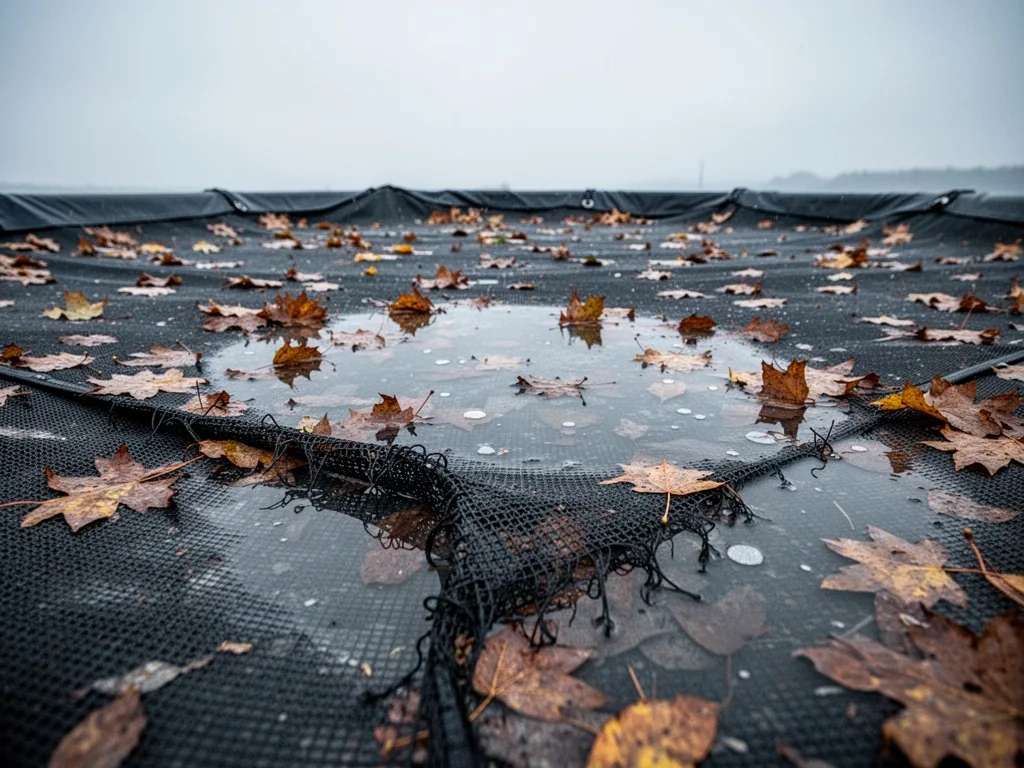A torn black mesh pool cover sagging under wet autumn leaves, water pooling on top, grey overcast sky