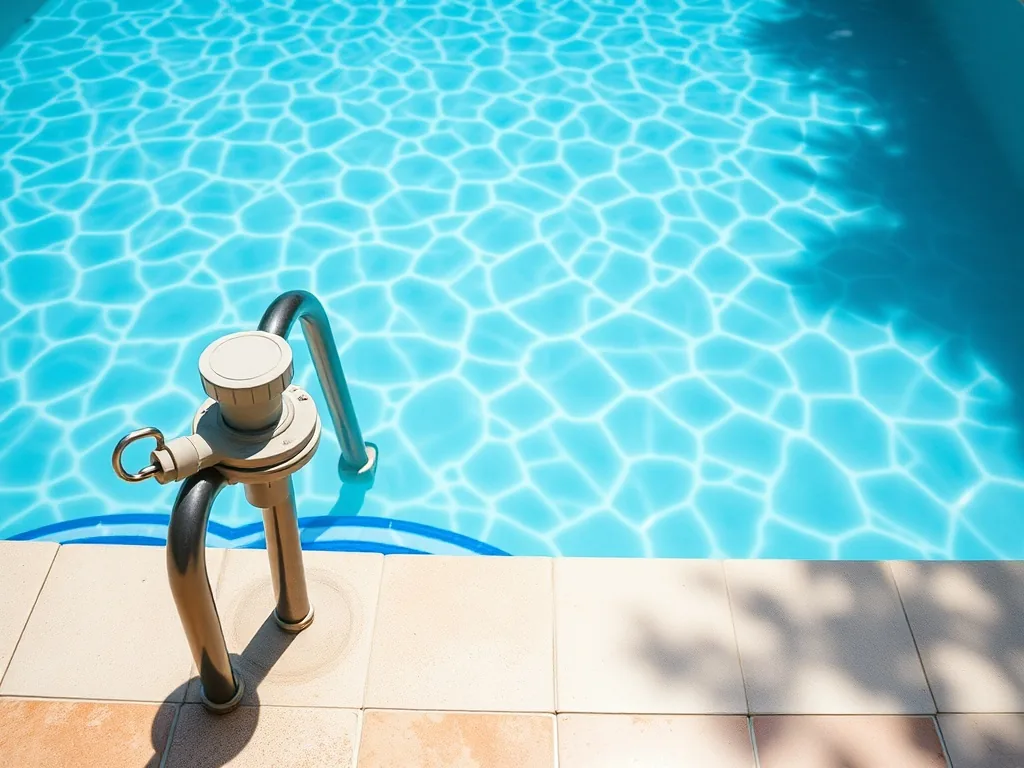 Vue aérienne d'une couverture d'hivernage à barres tendue sur une piscine enterrée, entourée de végétation automnale.