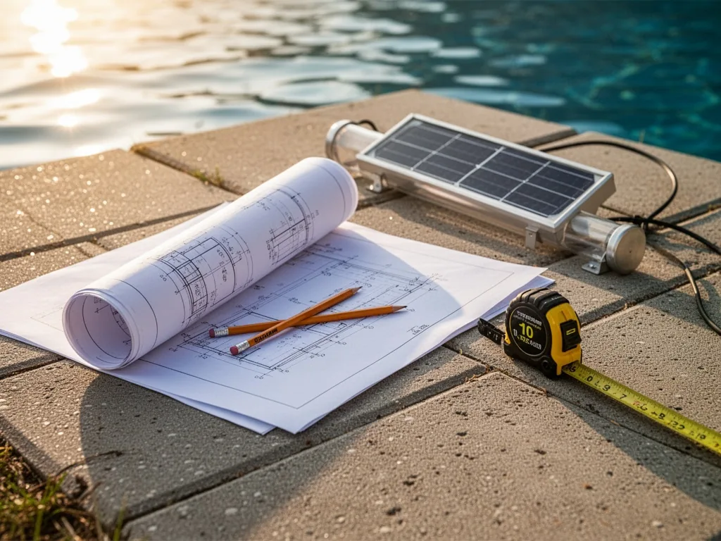 A rolled blueprint with pencil marks and a measuring tape lying next to a small solar collector tube, concrete patio gro