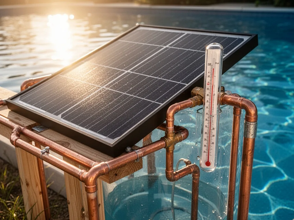 A black solar panel angled toward the sun with copper pipes and a water thermometer attached, bright sunlight casting cr