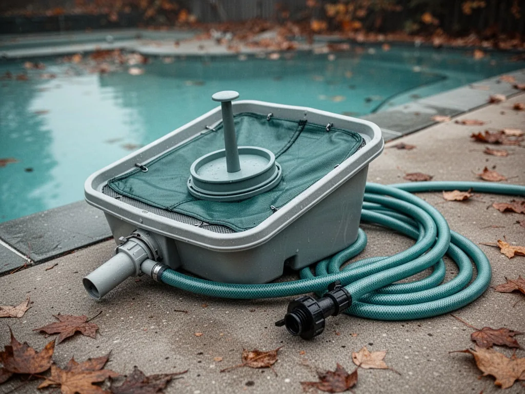 A pool skimmer with a floating winter cover plug inserted, coiled hose and drain valve beside it, muted autumn light on