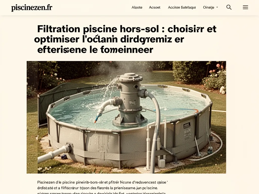 Vue rapprochée d’une pompe et d’un filtre pour piscine hors‑sol, tuyaux raccordés, bassin tubulaire en arrière‑plan