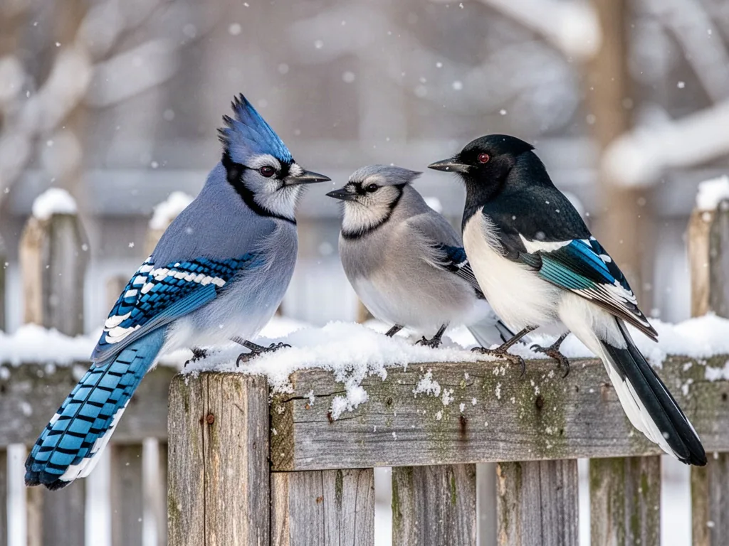 A blue jay beside a gray jay and a magpie on a snowy fence post, blue crest raised, comparing feather patterns, clear wi