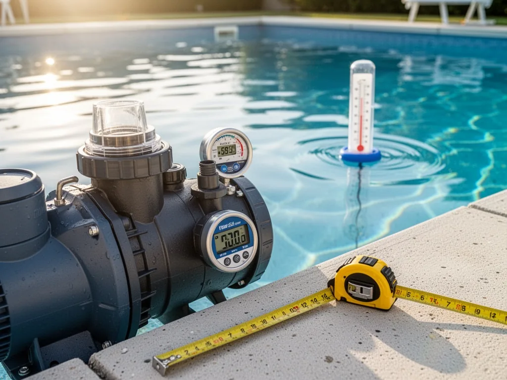A pool pump with a digital flow meter gauge showing numbers, a floating thermometer in clear blue water, and a yellow me