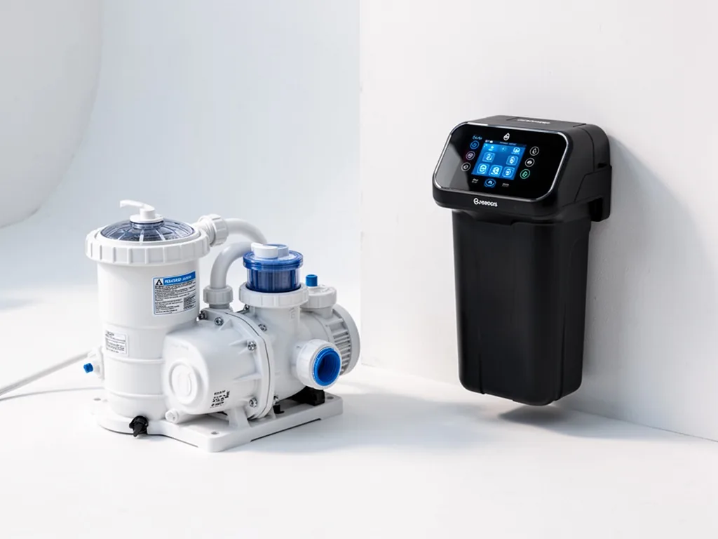 A small white budget pool pump set with basic filter on the left, next to a sleek black wall-mounted filter with digital