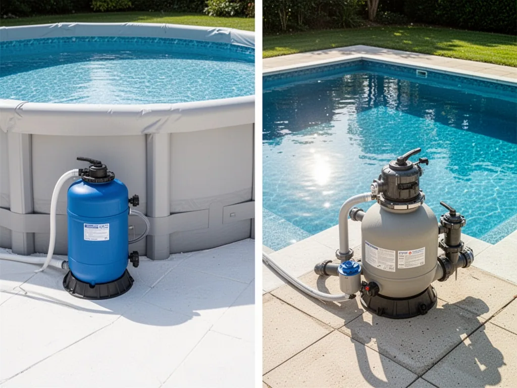 An above-ground round pool with a compact blue cartridge filter on the left, and an in-ground rectangular pool with a la