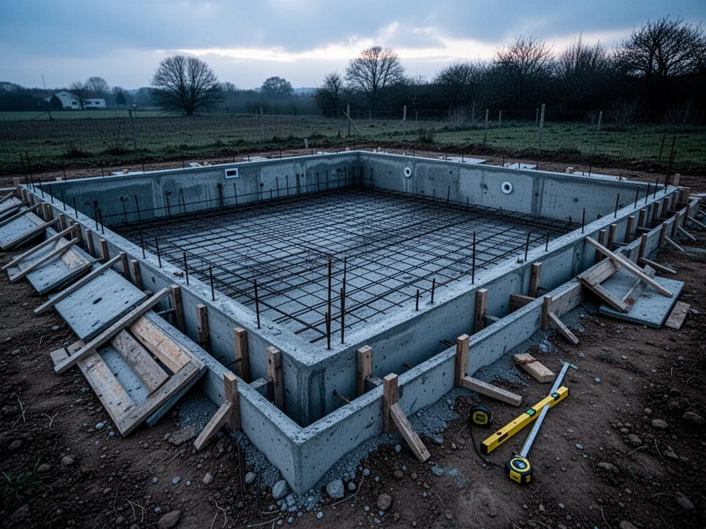 A partially assembled concrete pool kit with rebar grid and formwork panels on levelled ground, a measuring tape and lev