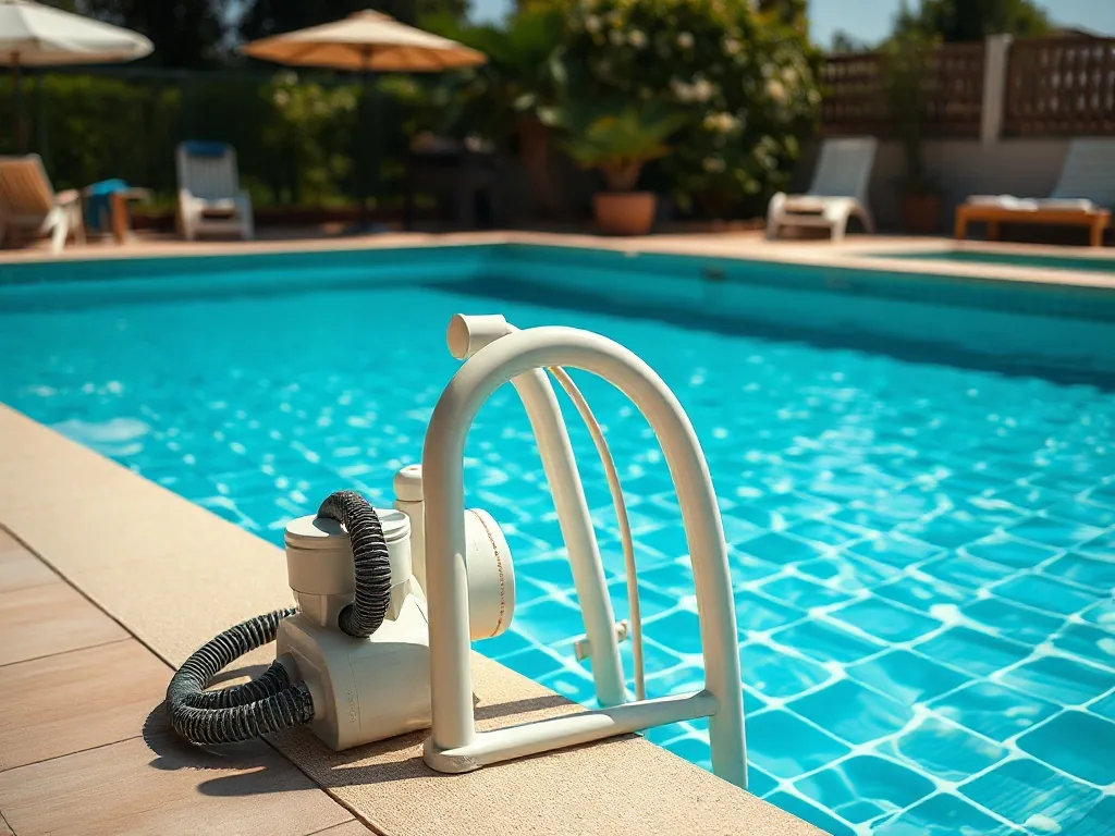 Deux hommes montent la structure d'une piscine en blocs de polystyrène, vue aérienne du chantier avec bétonnière en arrière-plan.