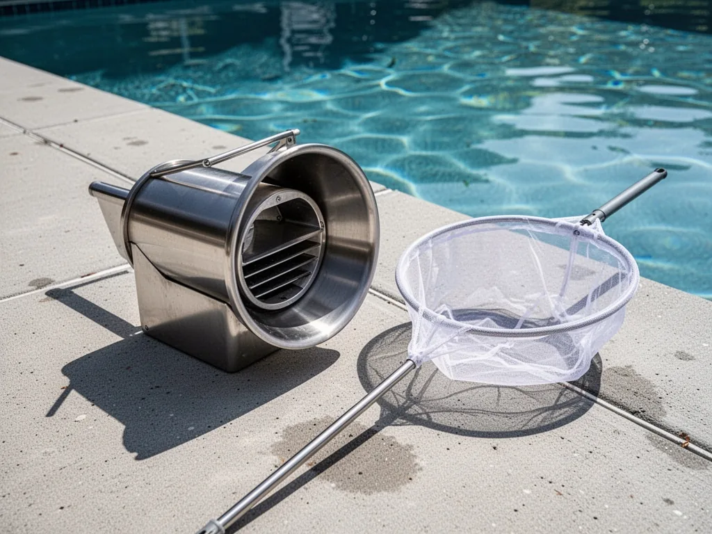 A sleek stainless steel pool skimmer next to a flimsy plastic leaf net on concrete, midday sun casting sharp shadows