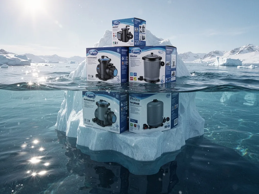 An iceberg shape made of stacked pool equipment boxes (pump, filter, heater) with a small kit box above water, sunlight