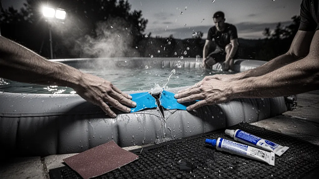 Trousse de réparation pour spa gonflable posée sur une bâche, avec un patch, un tube de colle et un chiffon