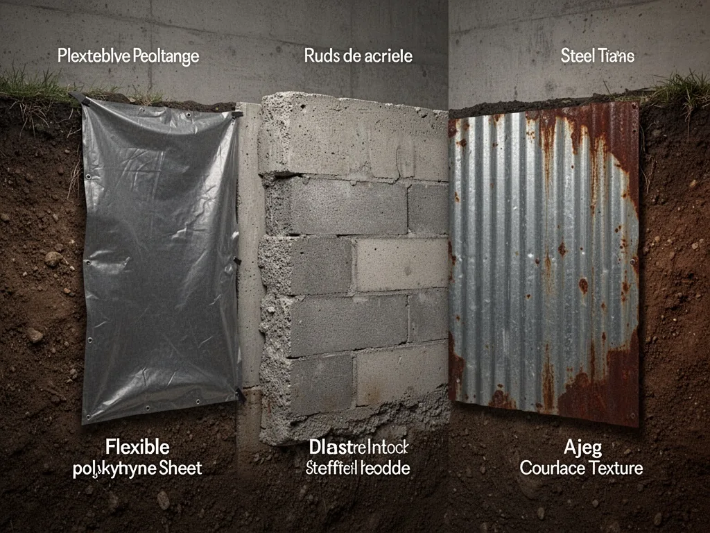 A cross-section cutaway of three underground technical room walls: flexible polyethylene sheet, rough concrete block, co