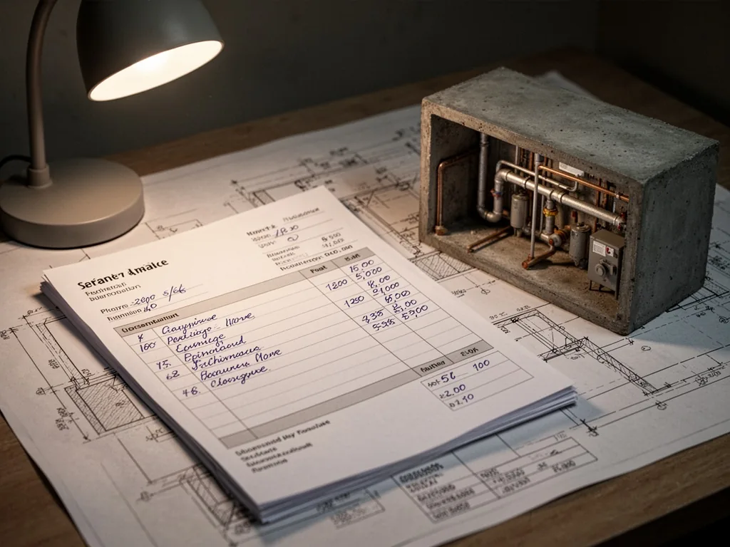 An itemized invoice with handwritten line items and prices resting on blueprints, beside a miniature model of an undergr