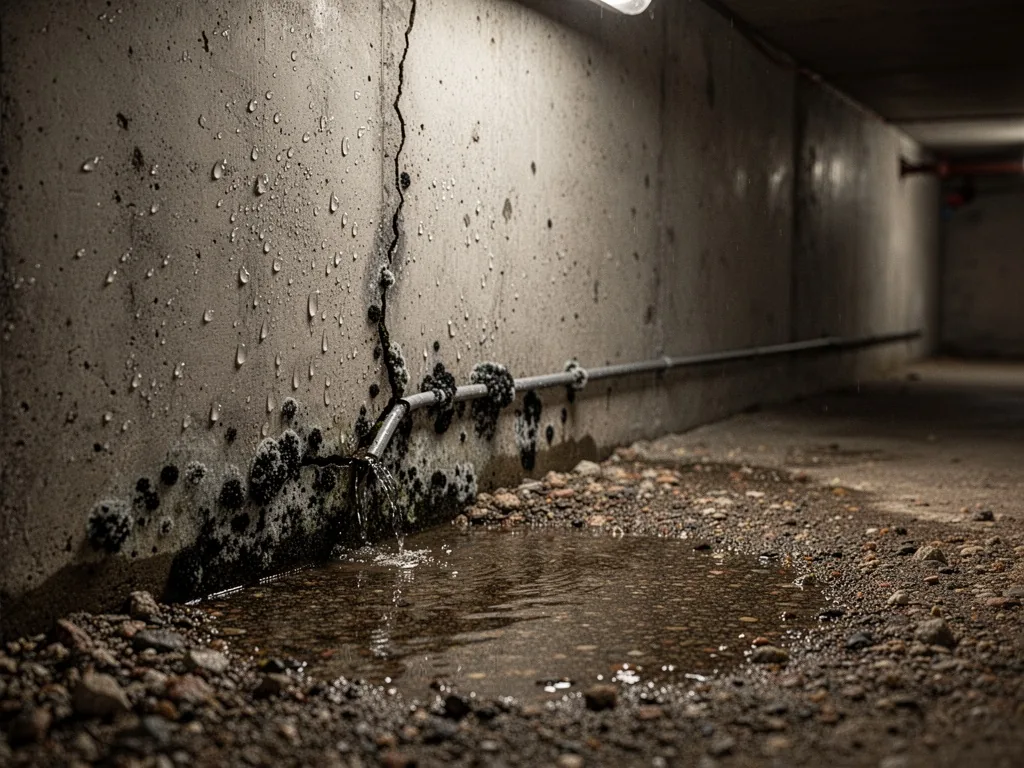 A damp concrete wall with condensation droplets and black mold creeping from a cracked seal, a water puddle on a gravel