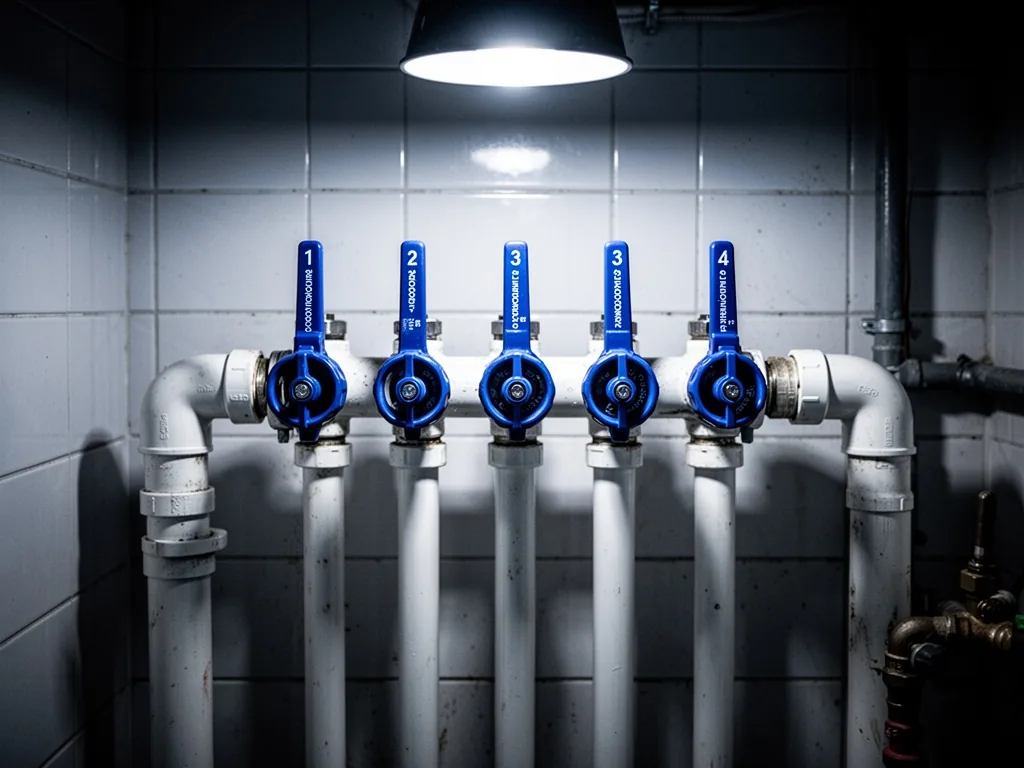 A white PVC pipe manifold with five numbered blue handles, each labeled with a control point, set against a tiled wall i