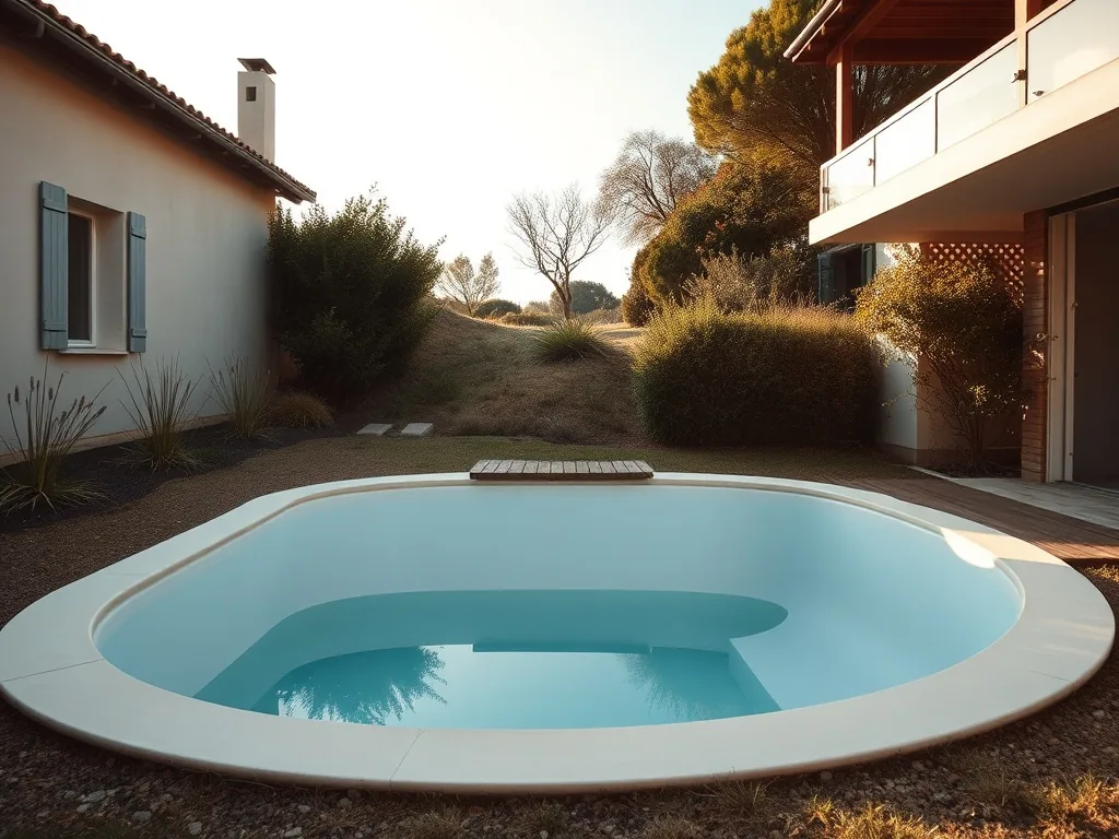 Mini piscine semi-enterrée en coque blanche sur un terrain en pente douce avec terrasse bois et oliviers