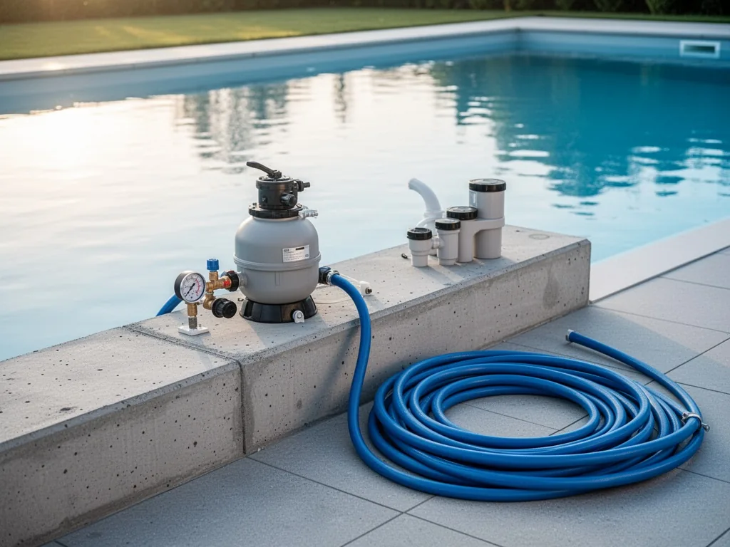 A concrete swimming pool edge with a sand filter system, pressure gauge at 1
