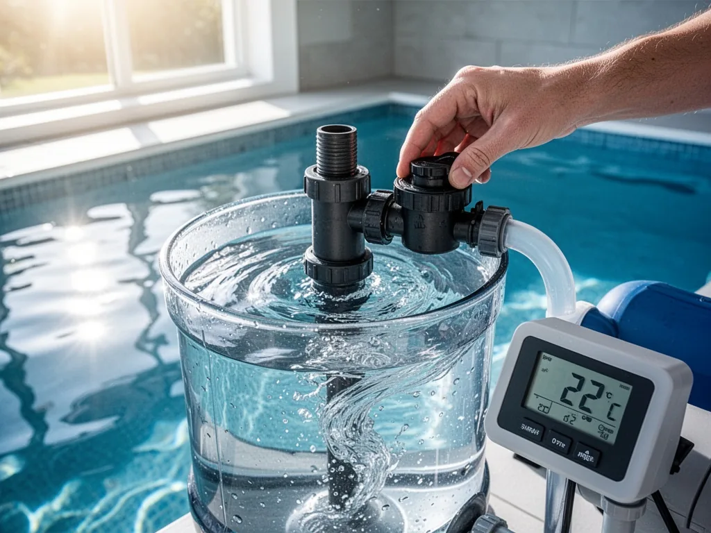 A pool pump priming pot with clear swirling water, a hand turning the black valve, digital thermometer displaying 22°C,