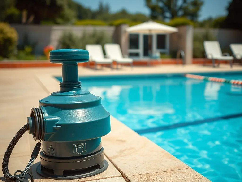 Piscine en cours de remise en route, eau claire avec robot de nettoyage, tuyaux de filtration visibles, ciel bleu printanier.