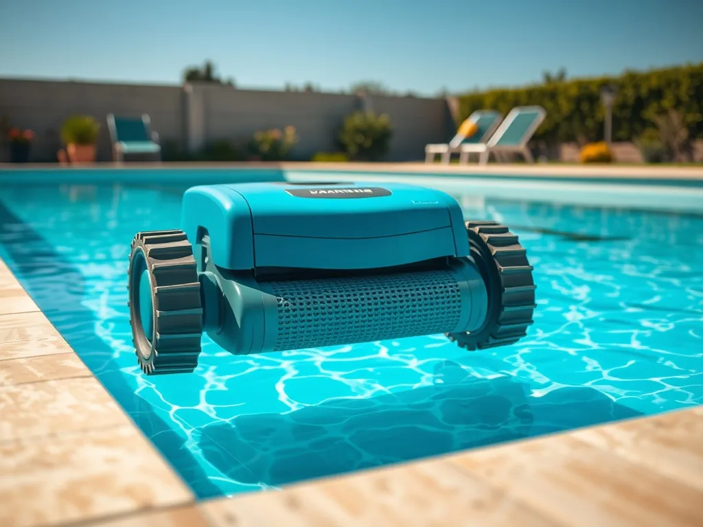 Robot de piscine électrique bleu posé sur le fond d’un bassin carrelé, câble flottant à la surface, eau limpide.