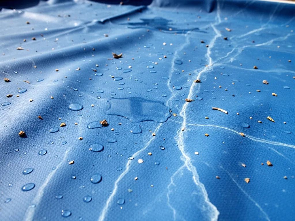 A blue pool liner surface with water droplets, tiny debris particles, and faint mineral streaks, photographed in natural