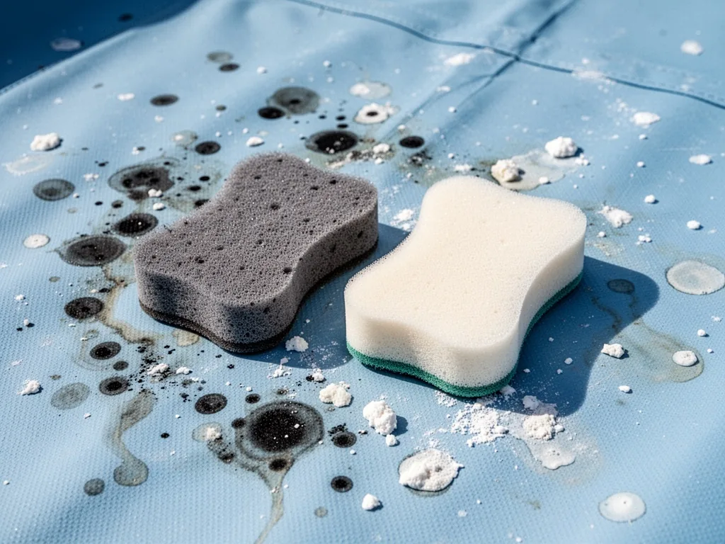 Two different pool liner cleaning sponges placed on a stained liner surface with black spots and white calcium deposits,