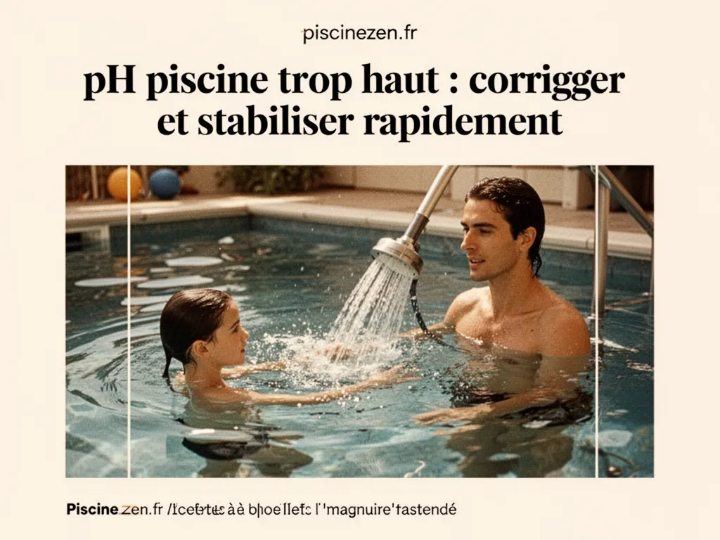 Vue d'une piscine domestique avec eau légèrement trouble et bande d'eau sur le liner indiquant un pH élevé