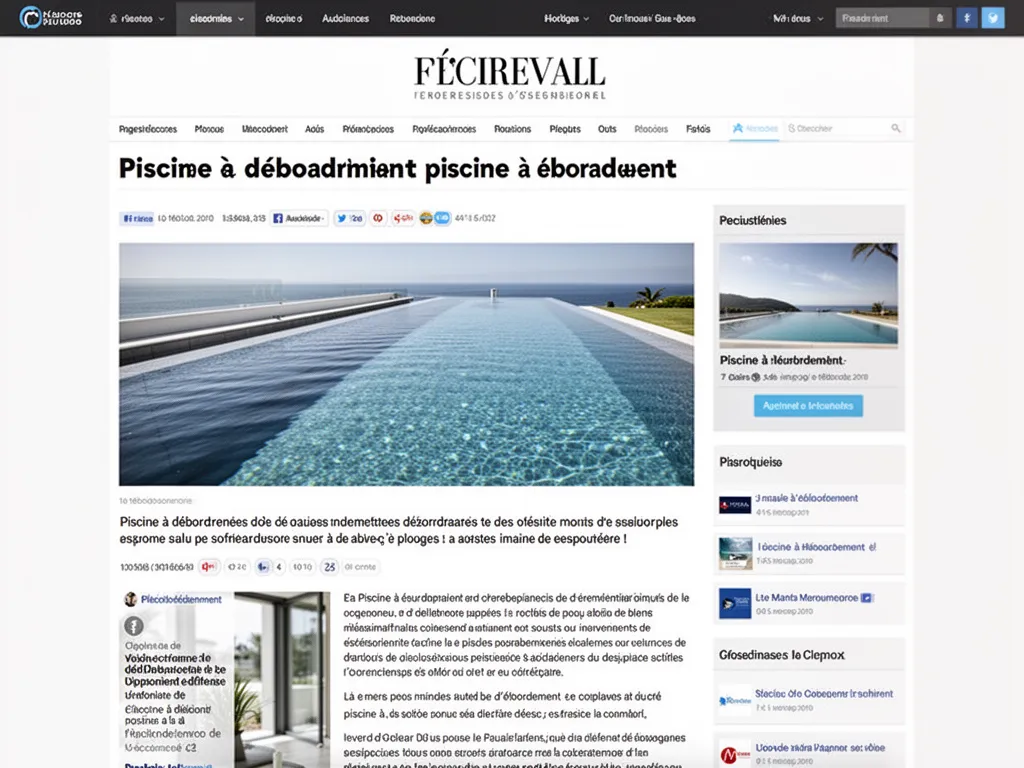 Piscine à débordement surplombant un jardin, reflets de ciel et margelle en pierre