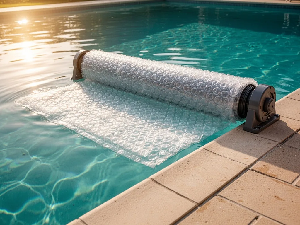 A solar cover bubble wrap floating on a pool corner, a rolled automatic cover mechanism on the deck, poolside tiles, bri