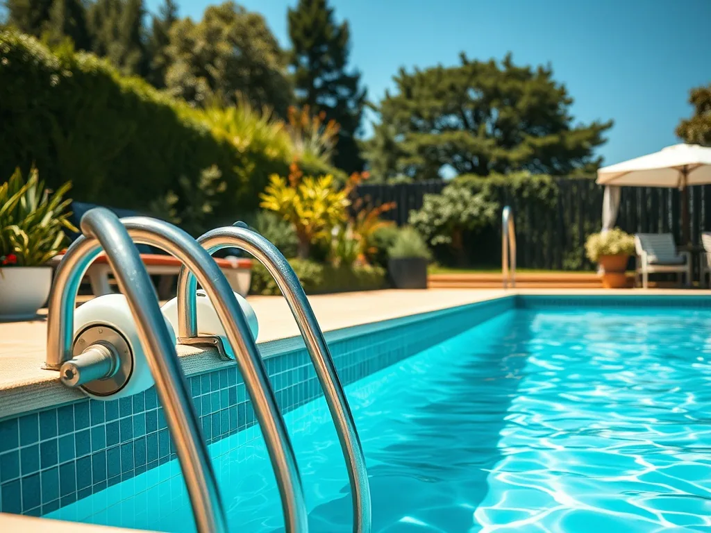 Bâche à bulles thermique déployée sur une piscine enterrée, enrouleur visible, soleil de fin d'après-midi
