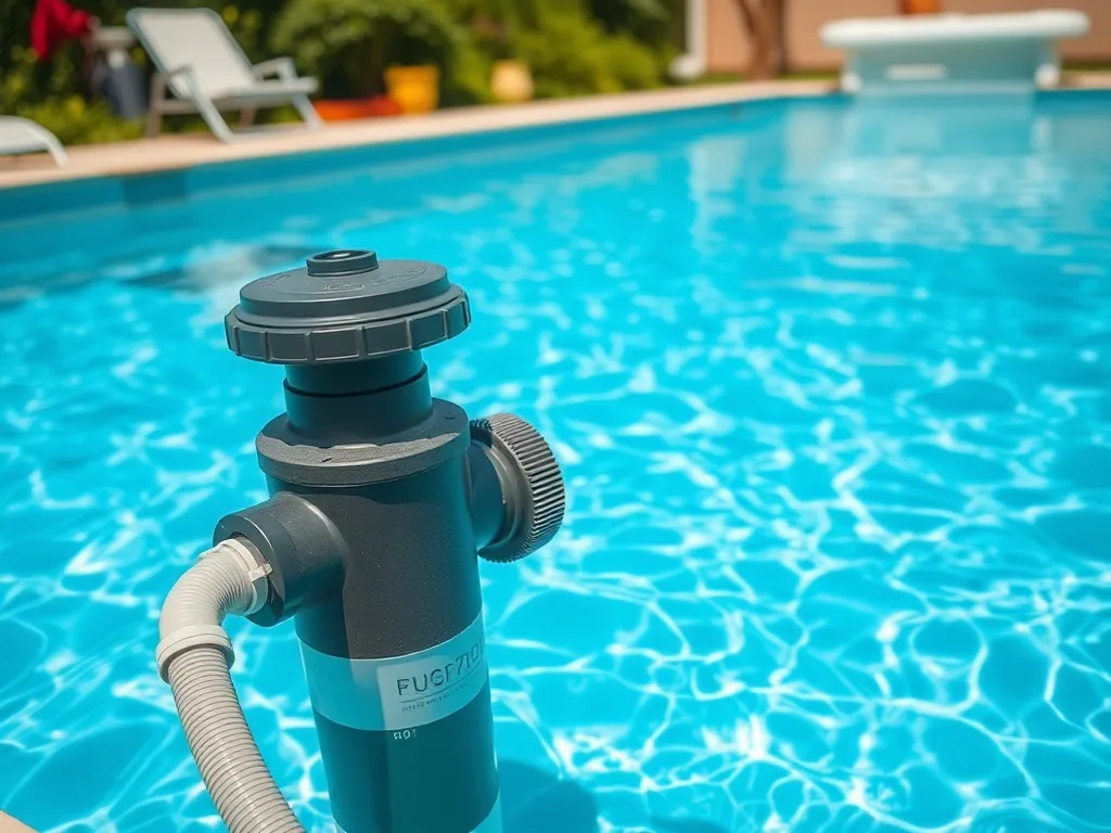 Bloc de filtration Desjoyaux encastré dans une margelle, avec poche filtrante visible et eau en circulation