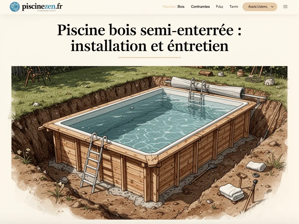 Piscine en bois semi-enterrée dans un jardin, margelle en bois et terrasse attenante, eau claire et volets roulants