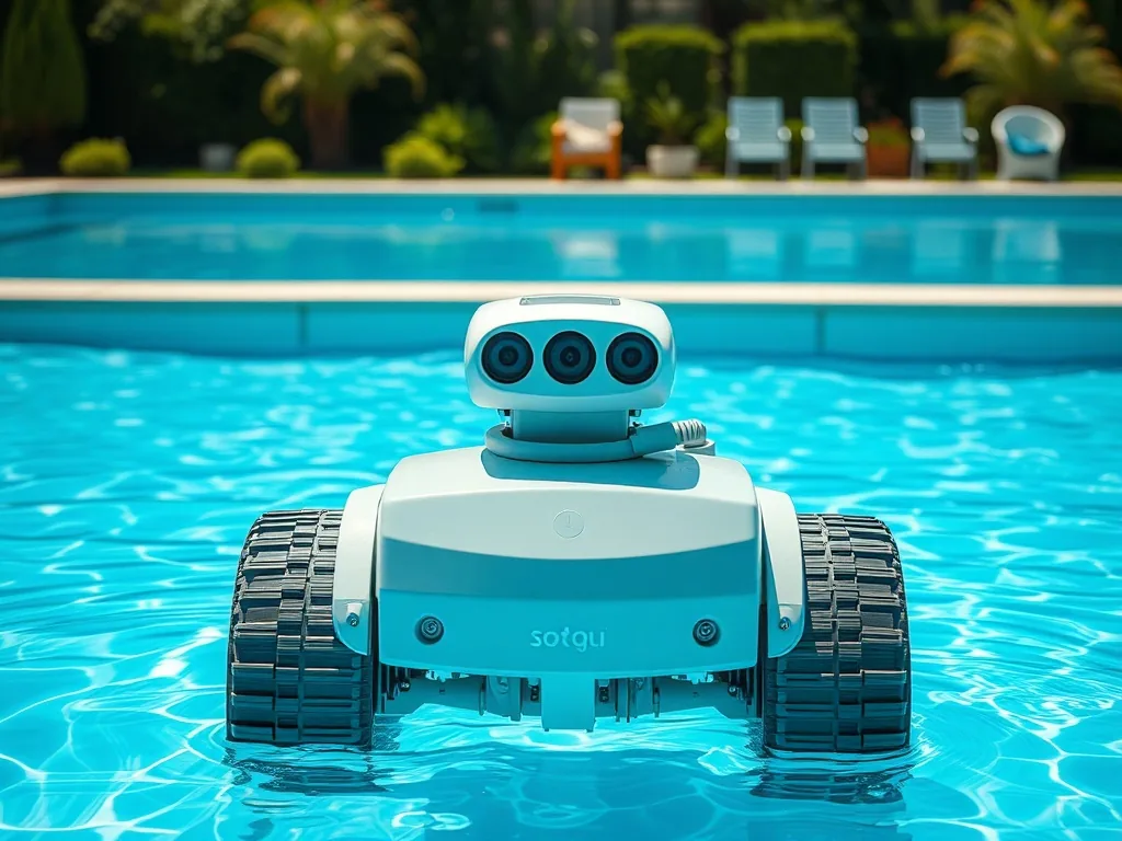 Robot hydraulique de piscine en action sur le fond d’un bassin, relié par un tuyau à la prise balai.