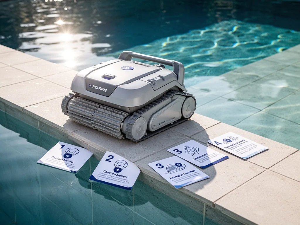 A Polaris pool cleaner robot resting on a tiled pool edge, four numbered criteria cards beside it, bright sun, shallow w