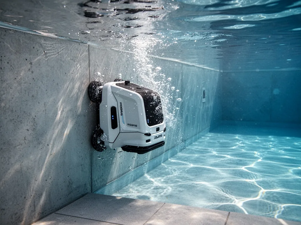 A Polaris robot submerged in a rectangular pool, clinging to the wall, bubbles around, clear blue water, soft ripples, a