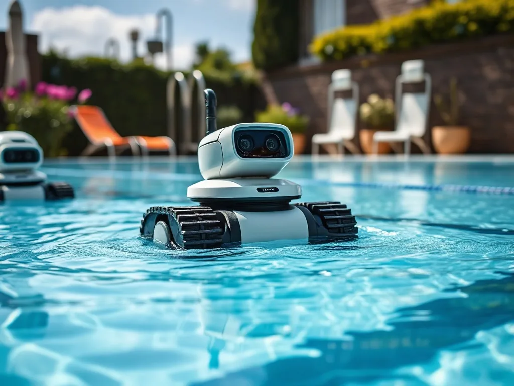 Robot de piscine Polaris immergé dans une eau limpide, filmant le fond du bassin