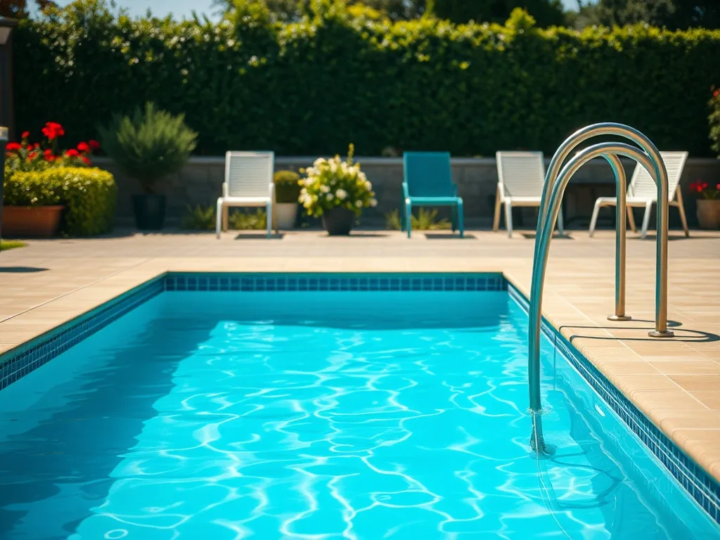 Piscine semi-enterrée à ossature bois encastrée dans un jardin en pente douce, margelle et terrasse en bois, eau claire